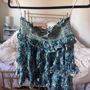 Free People Smocked Ruffle Floral Skirt - Blue Green